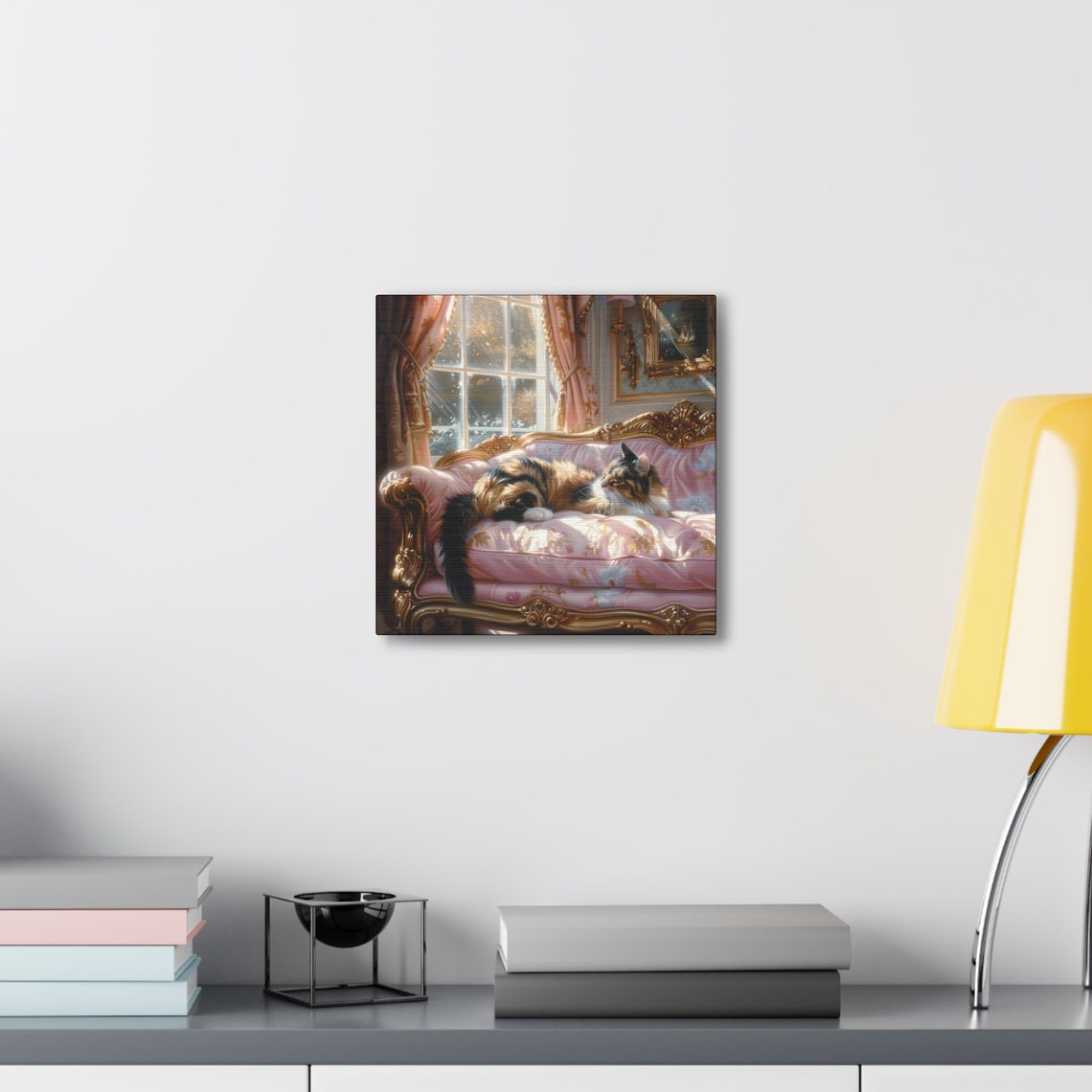 Long Haired Calico Cat Reclining on a Pink Victorian Sofa Poster - Image 6
