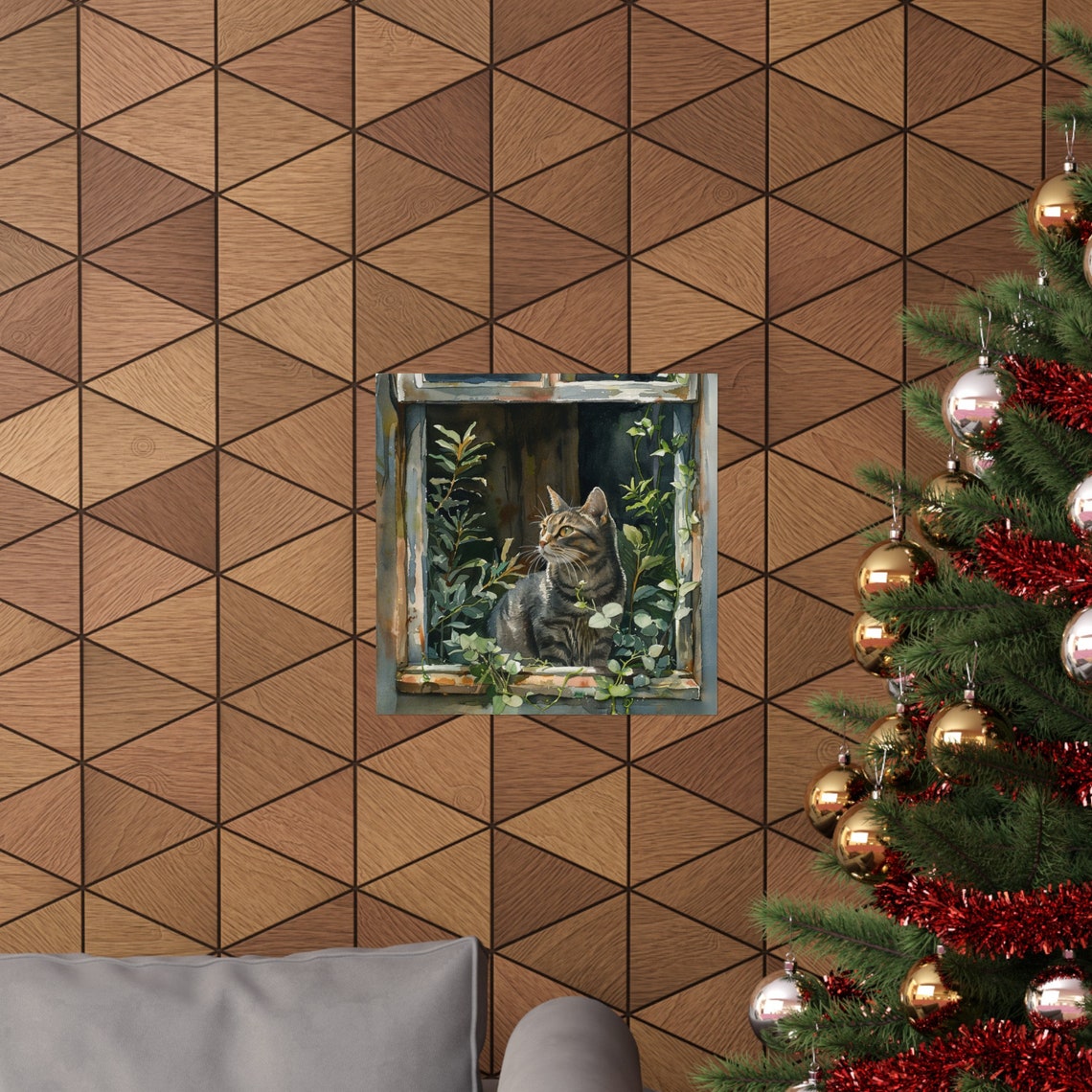 Tabby Cat Sitting in a Rustic Window Among Lush Green Plants Poster - Image 3