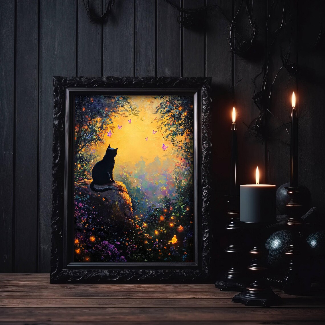 Black Cat Silhouette on a Rock in a Glowing Golden Sunset Forest Scene Poster - Image 4