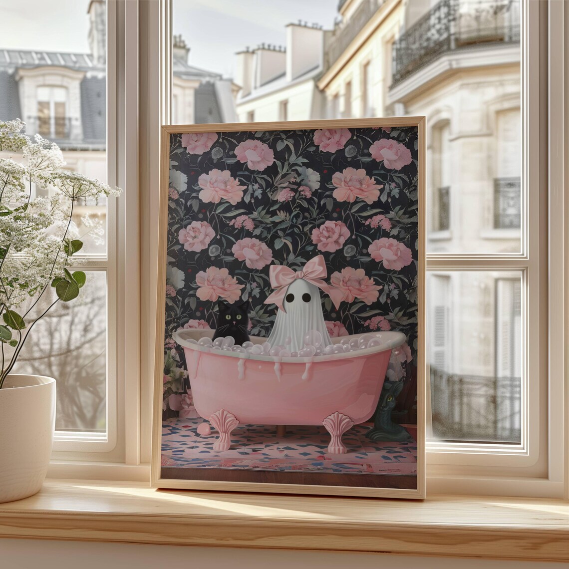 Girl Ghost And Black Cat In Bathtub Art Print - Image 5