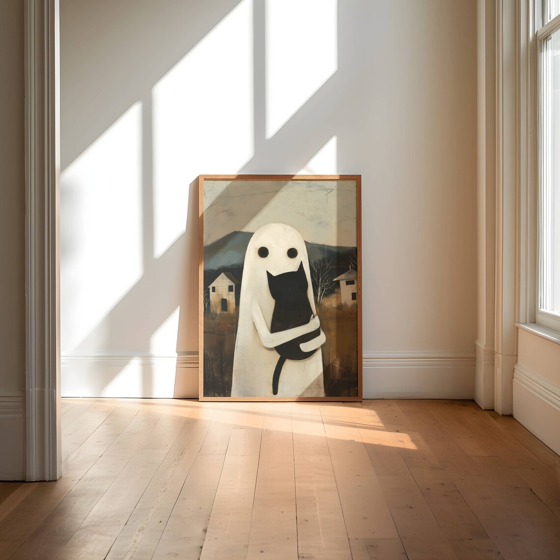 A Friendly Ghost Hugging A Black Cat In A Country Folk Art Poster - Image 5