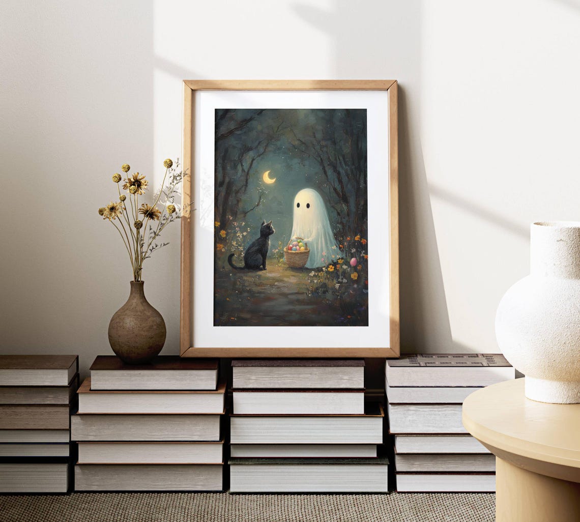 Ghost With an Easter Basket and Black Cat by Moonlight Poster - Image 4