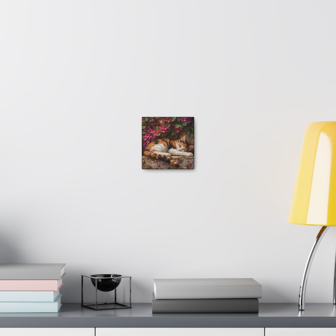 Sleeping Calico Kitten On A Stone Wall Beneath Flowers Oil Poster - Image 4