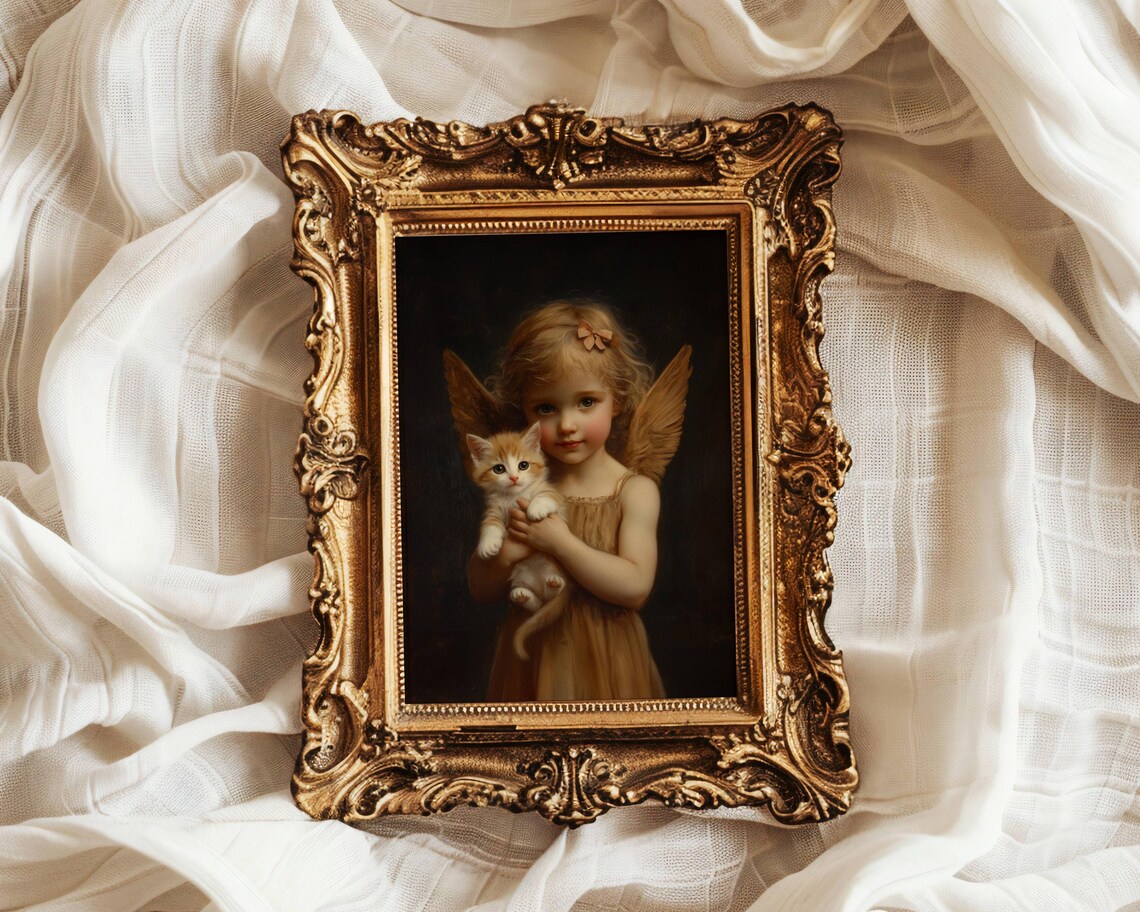 Victorian Angel Girl With Golden Wings Holding an Adorable Orange Kitten Poster - Image 4