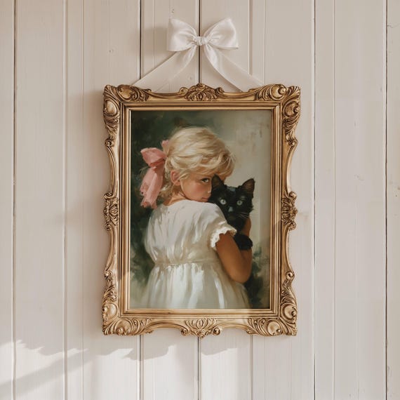 Coquette Girl and Black Cat Victorian Style Art Print
