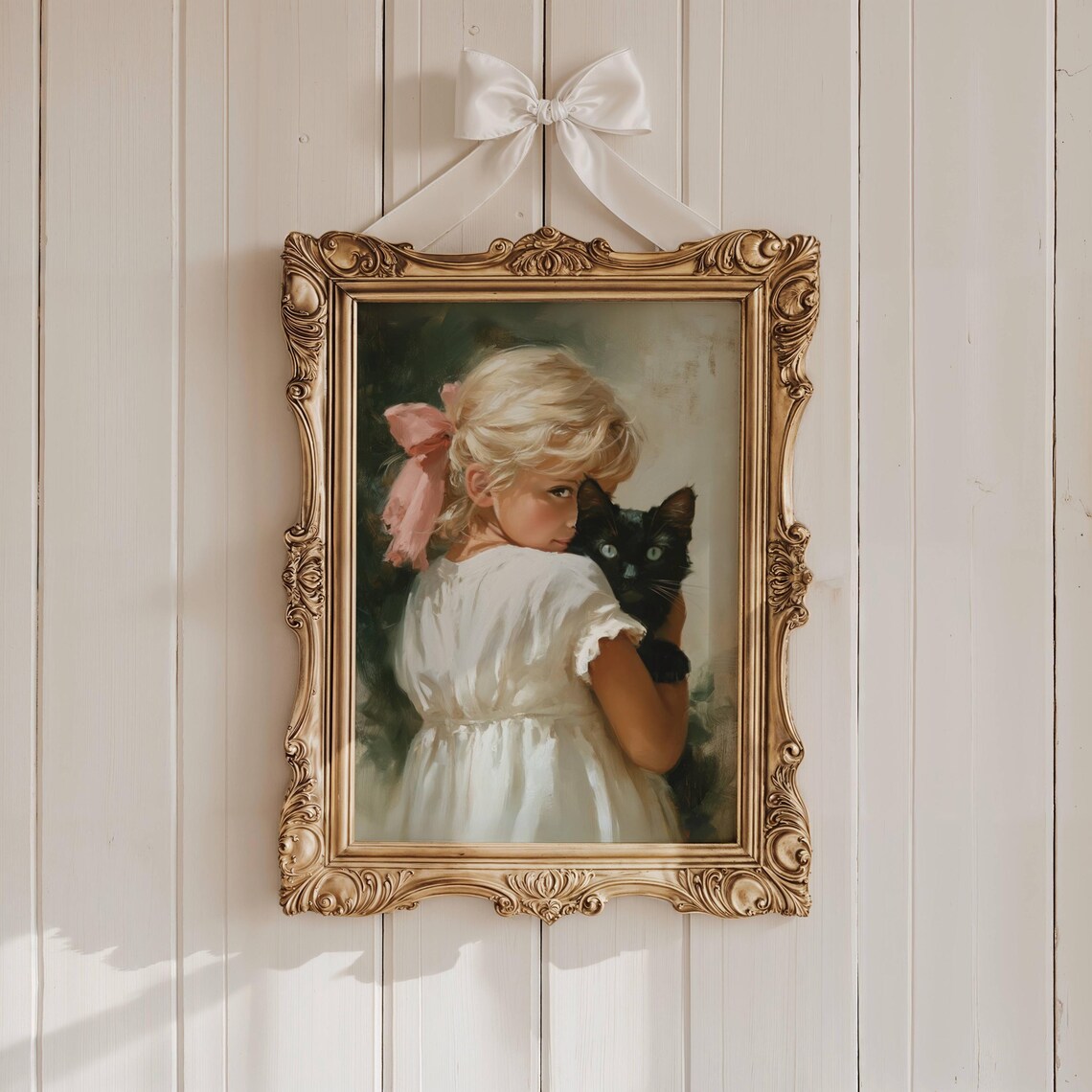 Coquette Girl and Black Cat Victorian Style Art Print