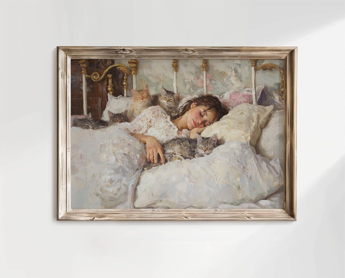 Woman Napping With Her Cats, Cat Lover Art Print - Image 4