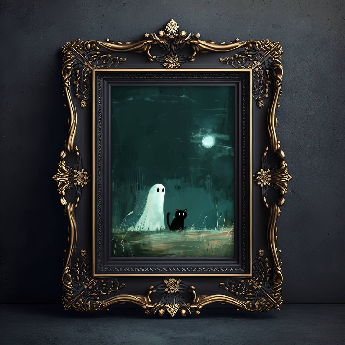 Ghost And Black Cat On A Hill Under The Full Moon Night Poster - Image 7