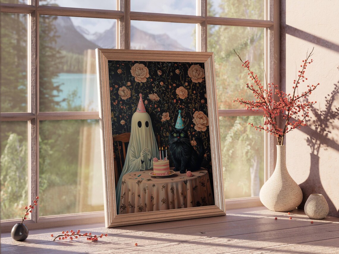 Ghost and Black Cat Birthday Party Art Print, Whimsigoth - Image 4