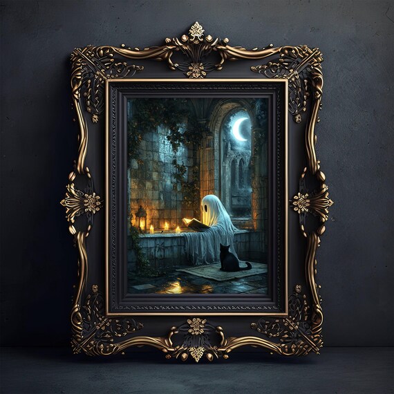 Draped Ghost Reading by Candlelight With a Black Cat in a Gothic Chapel Poster
