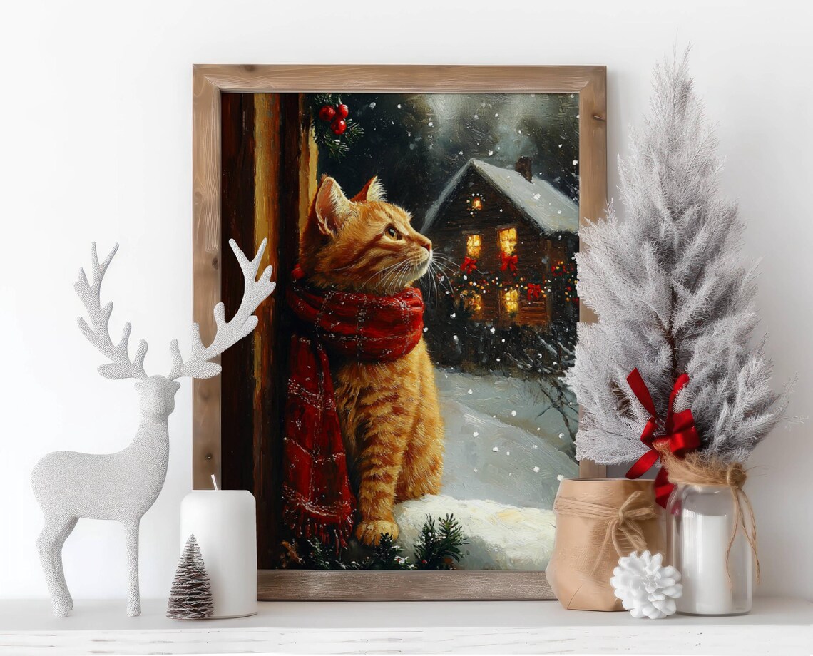 Ginger Cat Christmas Art Print, Festive Holiday - Image 3
