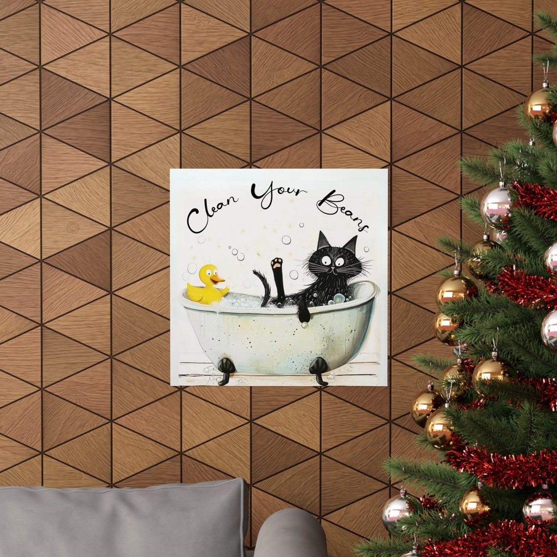 Clean Your Beans Funny Black Cat Taking a Quirky Bath Poster - Image 2