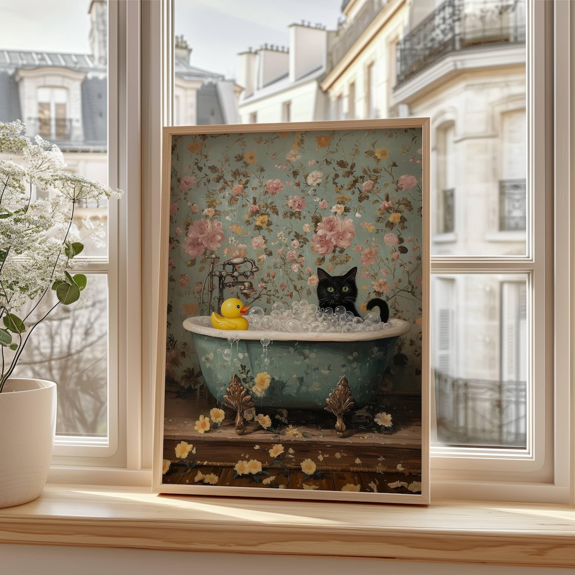 Black Cat and Rubber Duck Bubble Bath Cat Art Print