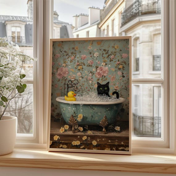 Black Cat and Rubber Duck Bubble Bath Cat Art Print