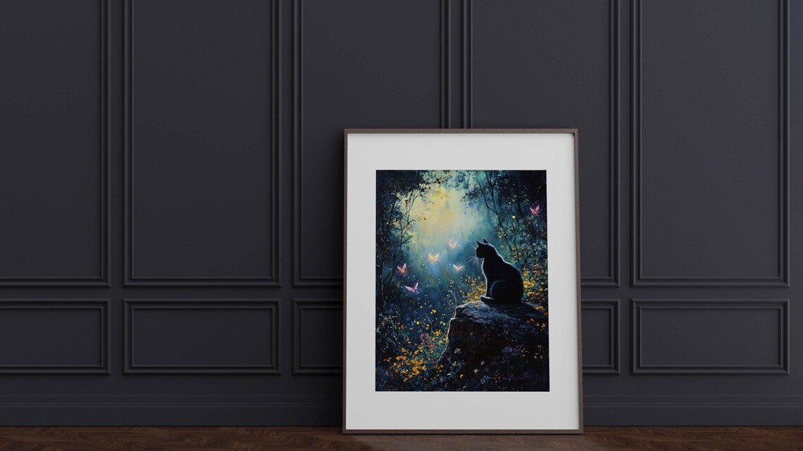 Mysterious Black Cat on a Mossy Rock in a Moonlit Enchanted Blue Forest Poster - Image 3