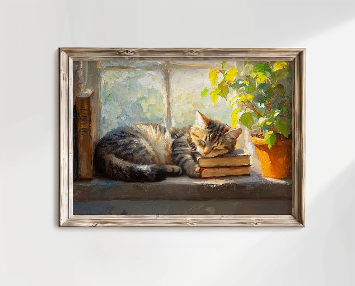 Tabby Cat Sleeping on Books, Bookish Art Print - Image 6