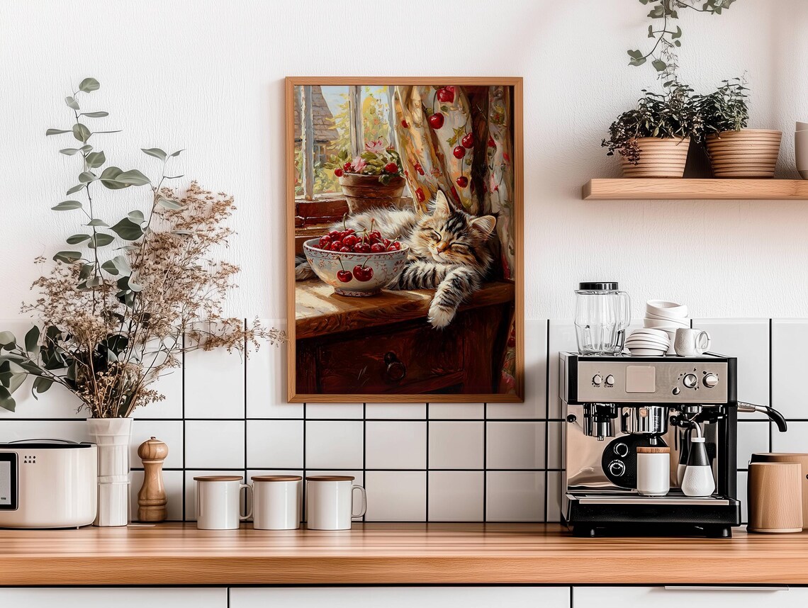 Tabby Cat Farmhouse Kitchen Art Print with Cherries - Image 4