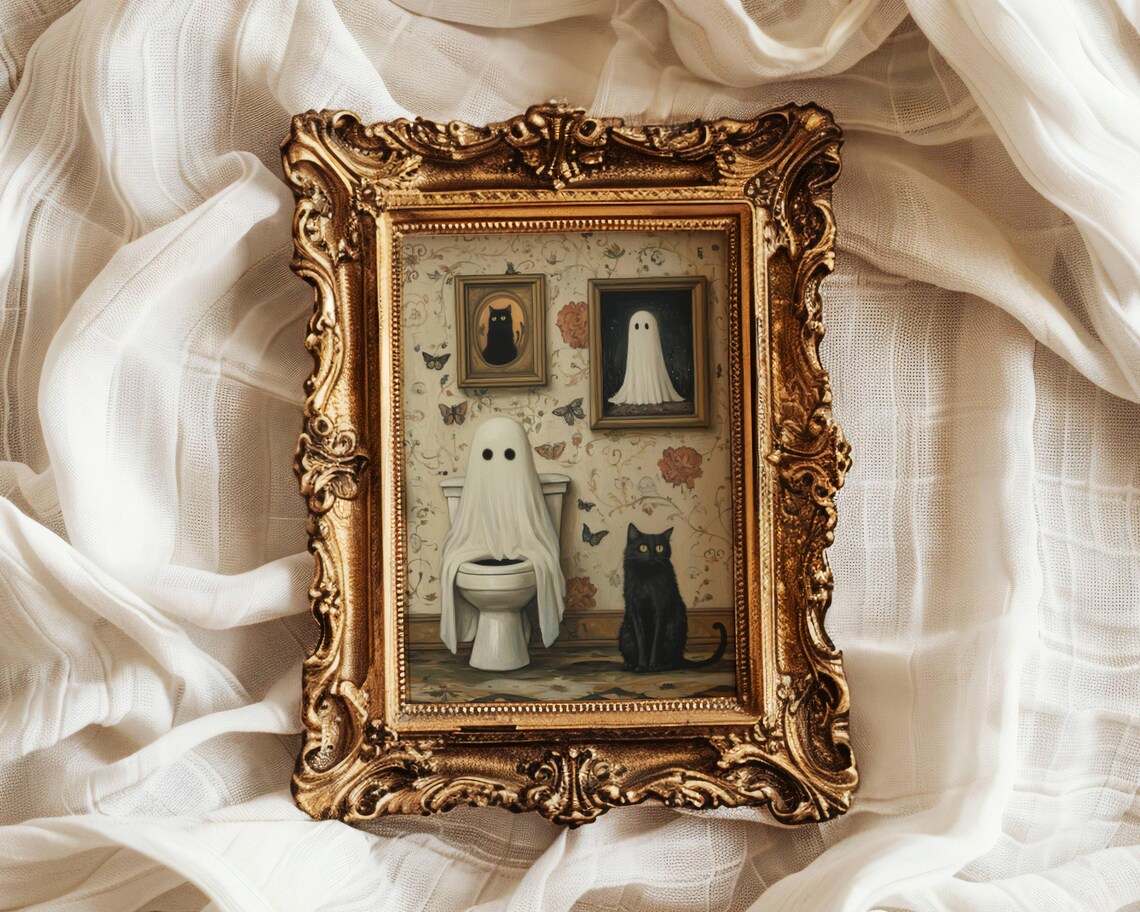 Ghost And Cat Bathroom Poster Print, Whimsical Pet Art - Image 7