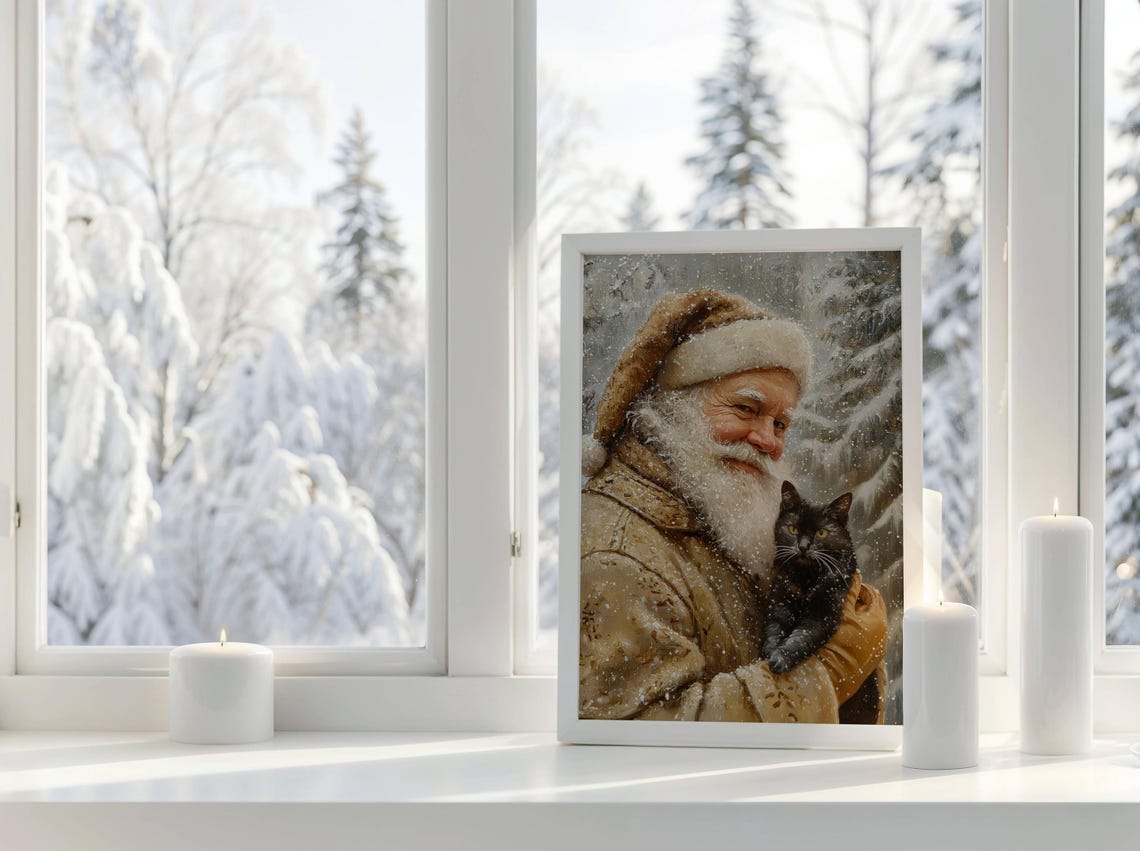 Santa Claus Gently Holding a Black Cat in a Snowy Winter Forest Poster - Image 7