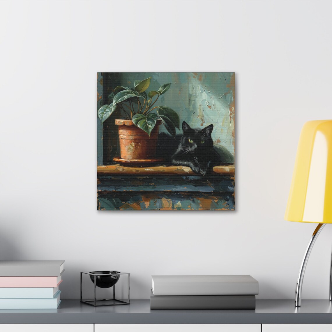 Black Cat Resting by Potted Plant on Windowsill Oil Painting Poster - Image 5