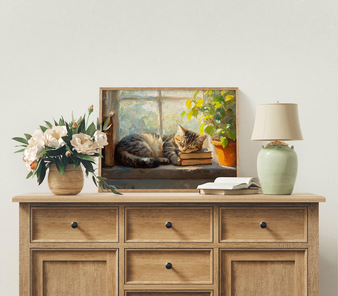 Tabby Cat Sleeping on Books, Bookish Art Print - Image 3