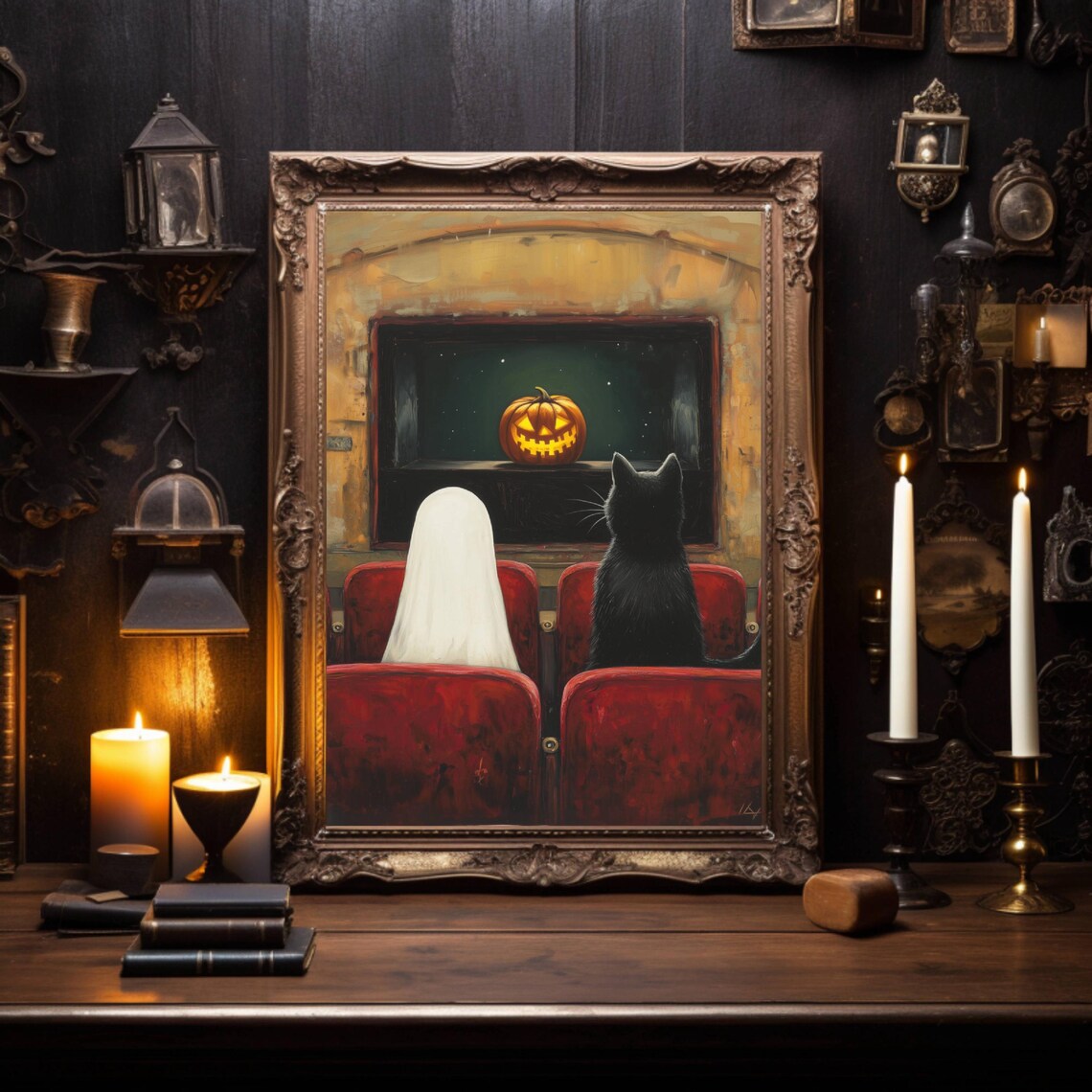 Ghost and Black Cat Watching a Pumpkin Movie in a Theater Poster - Image 2