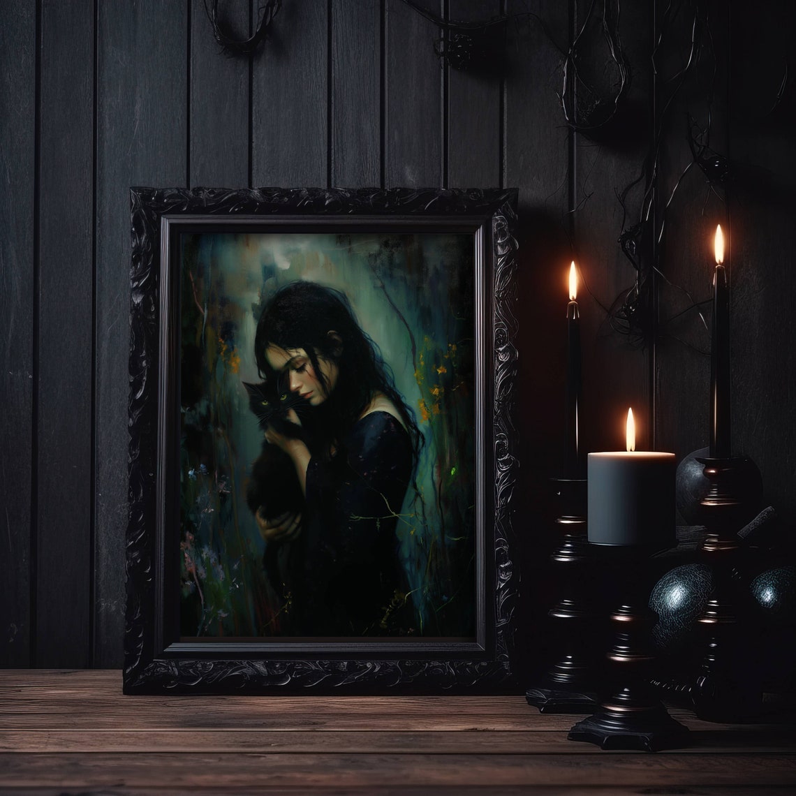 Girl With Black Cat Poster Dark Academia Art Moody Art Print Pretty Whimsigoth Wall Art Black Cat Lover Gift Unframed - Image 5