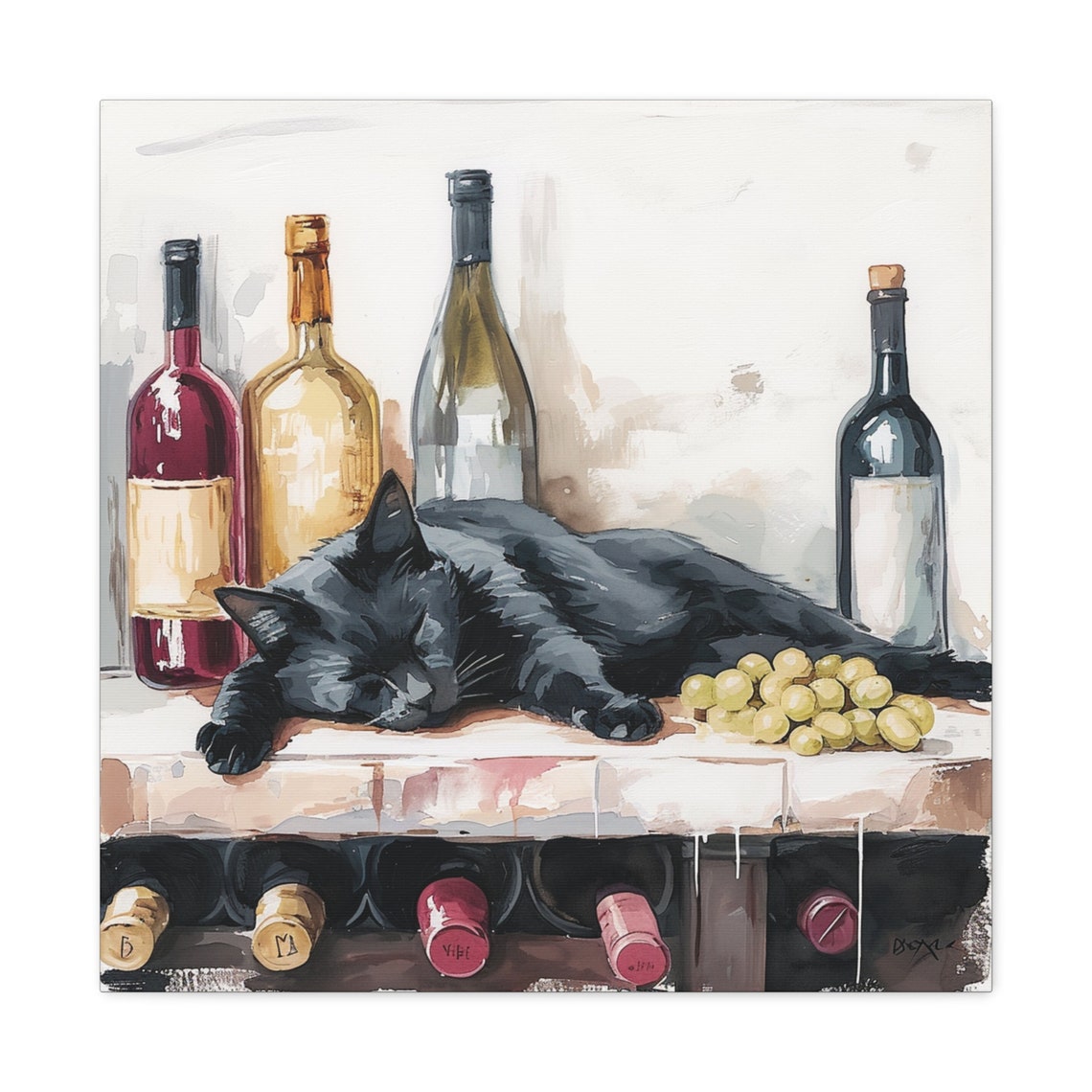 Black Cat Napping on a Wooden Wine Rack Between Bottles Poster - Image 5