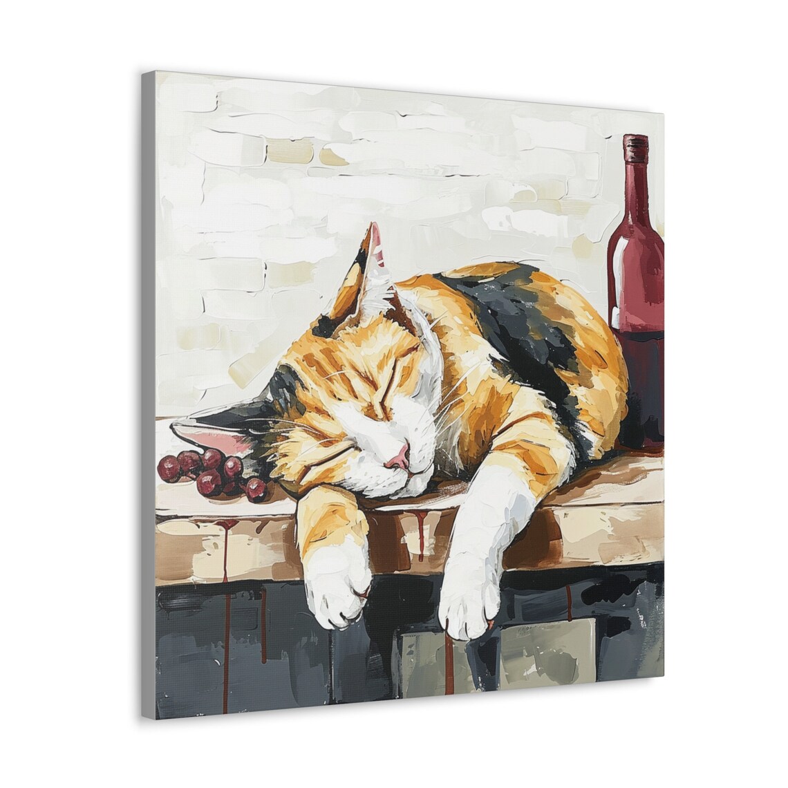 Calico Cat Sleeping Next to a Wine Bottle Oil Painting Poster - Image 4