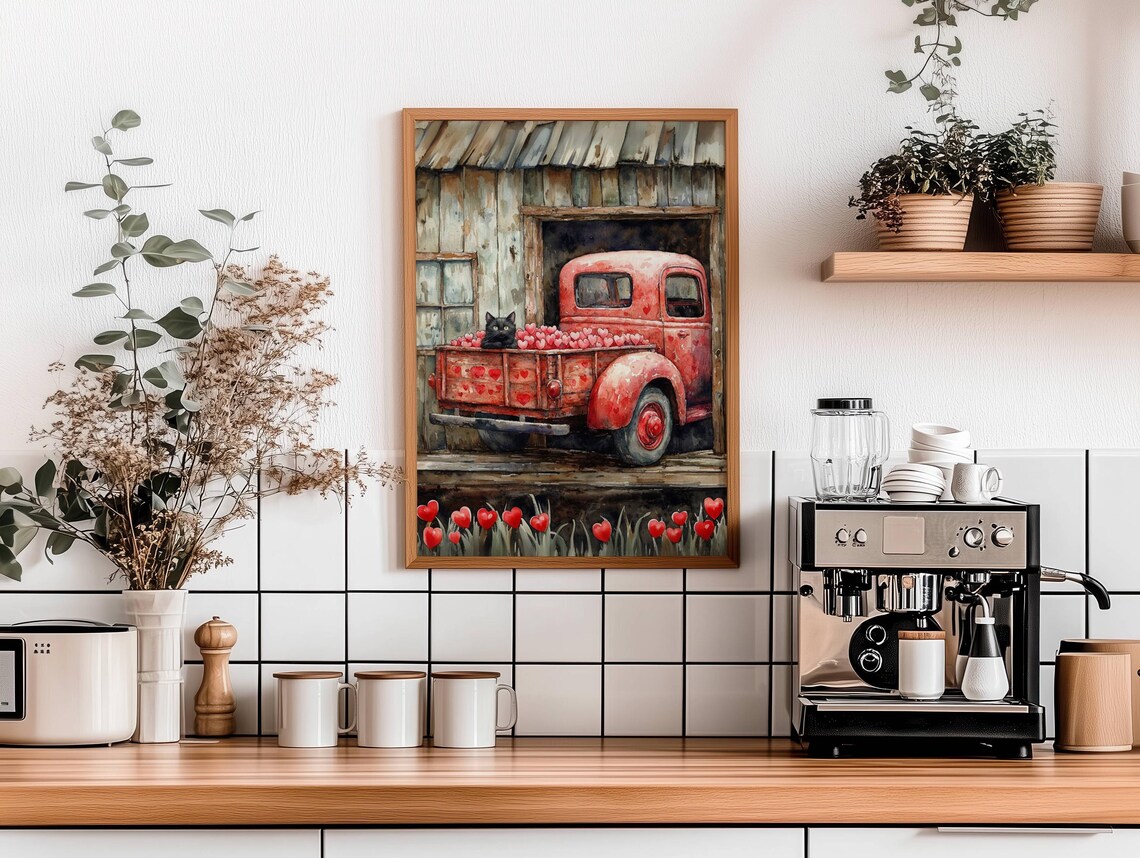 Black Cat in a Vintage Truck Full of Valentine Hearts Poster - Image 4