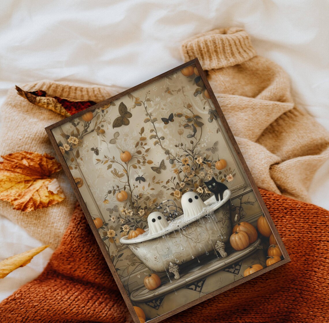 Ghost And Cat Bathtub Halloween Whimsigoth Art Print - Image 4