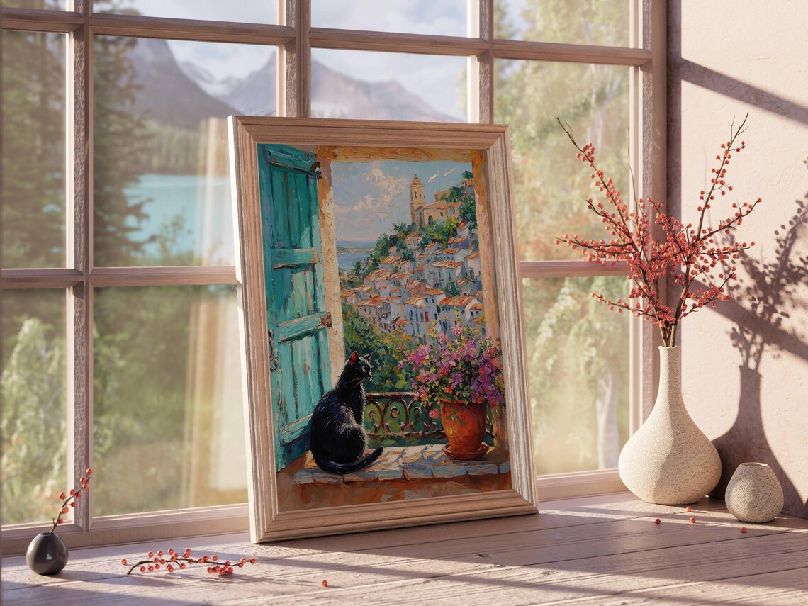 Black Cat on a Balcony Overlooking a Coastal Village Teal Window Poster - Image 7