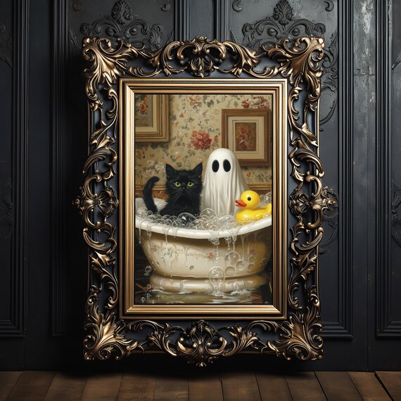 Ghost Black Cat and Rubber Duck in an Overflowing Bubble Bath Poster