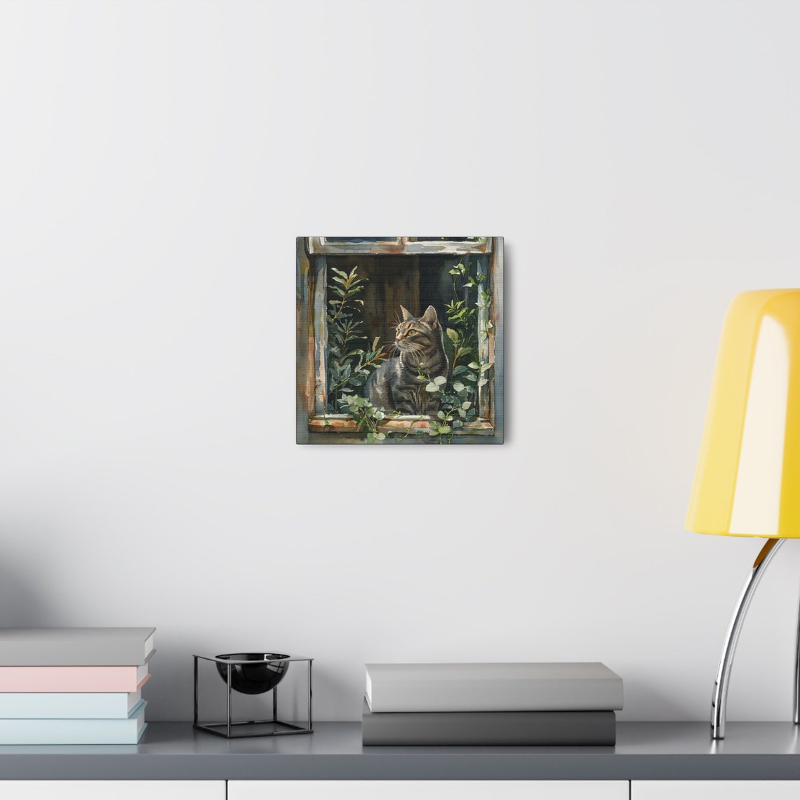 Tabby Cat Sitting in a Rustic Window Surrounded by Plants Poster - Image 5