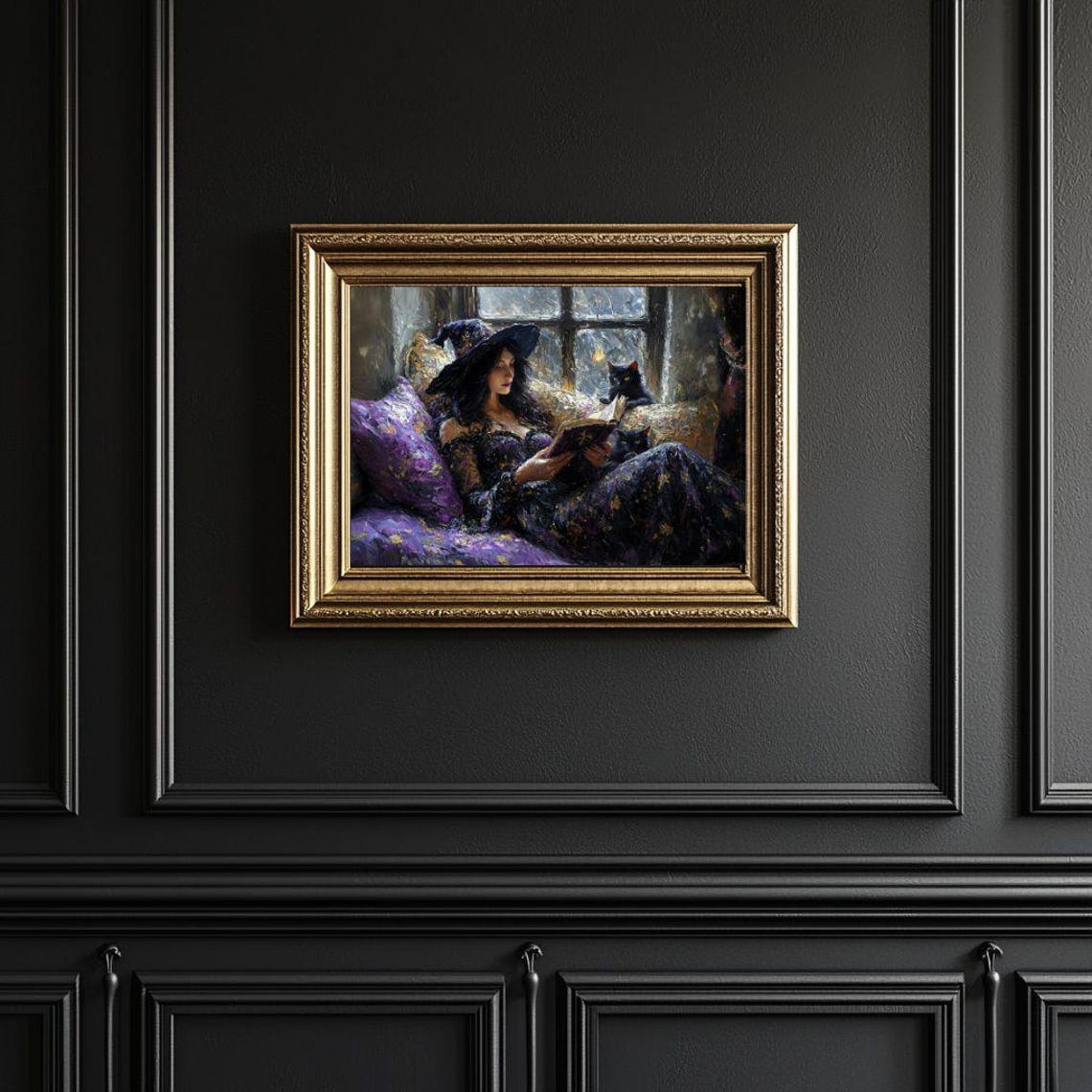 Witch Reading a Spell Book with Two Black Cats by Candlelight Poster - Image 3