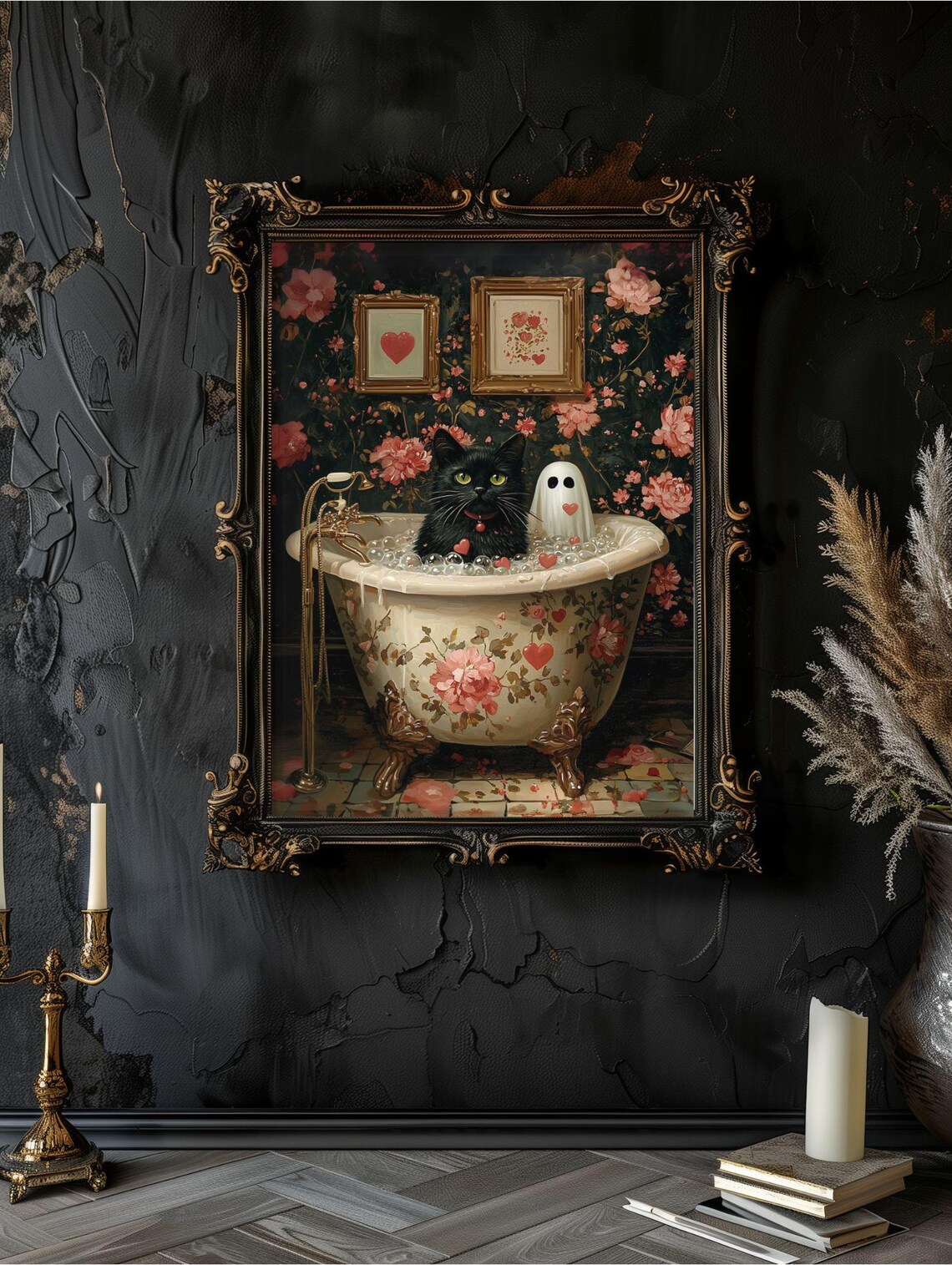 Black Cat and Cute Ghost Sharing a Heart-Filled Bubble Bath Valentine Poster - Image 7