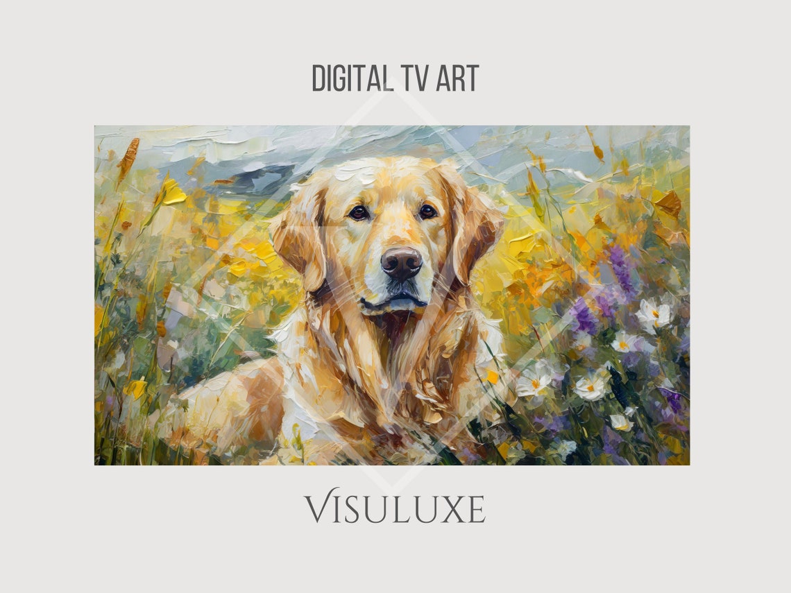 Golden Retriever In Wildflowers Painting Frame Tv Art Golden Retriever Art Oil Painting Heavy Brushstrokes Dog Pet Screensaver Tv 169 Ar - Image 2