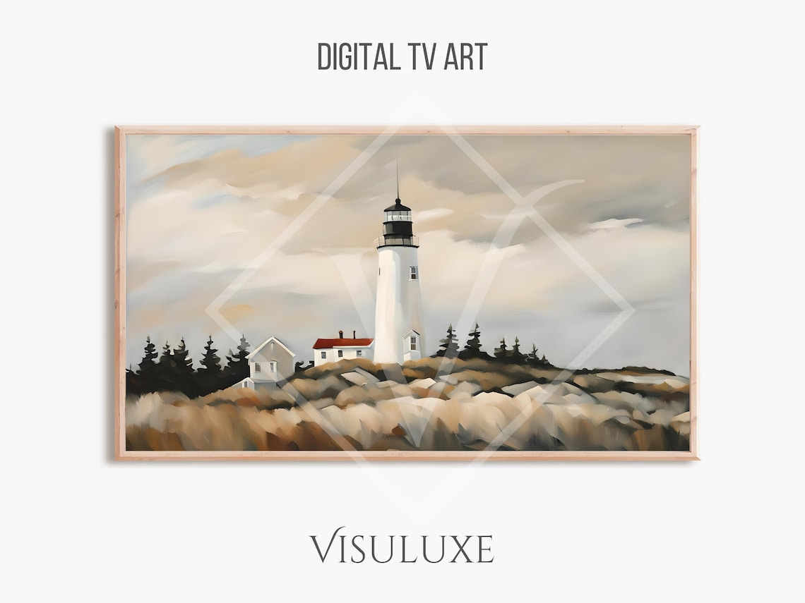 White Coastal Lighthouse Rocky Shore Neutral Tones Painting Poster