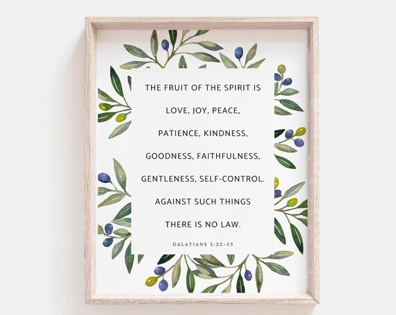 Fruit of the Spirit Galatians 5:22-23 Olive Berry Botanical Scripture Poster