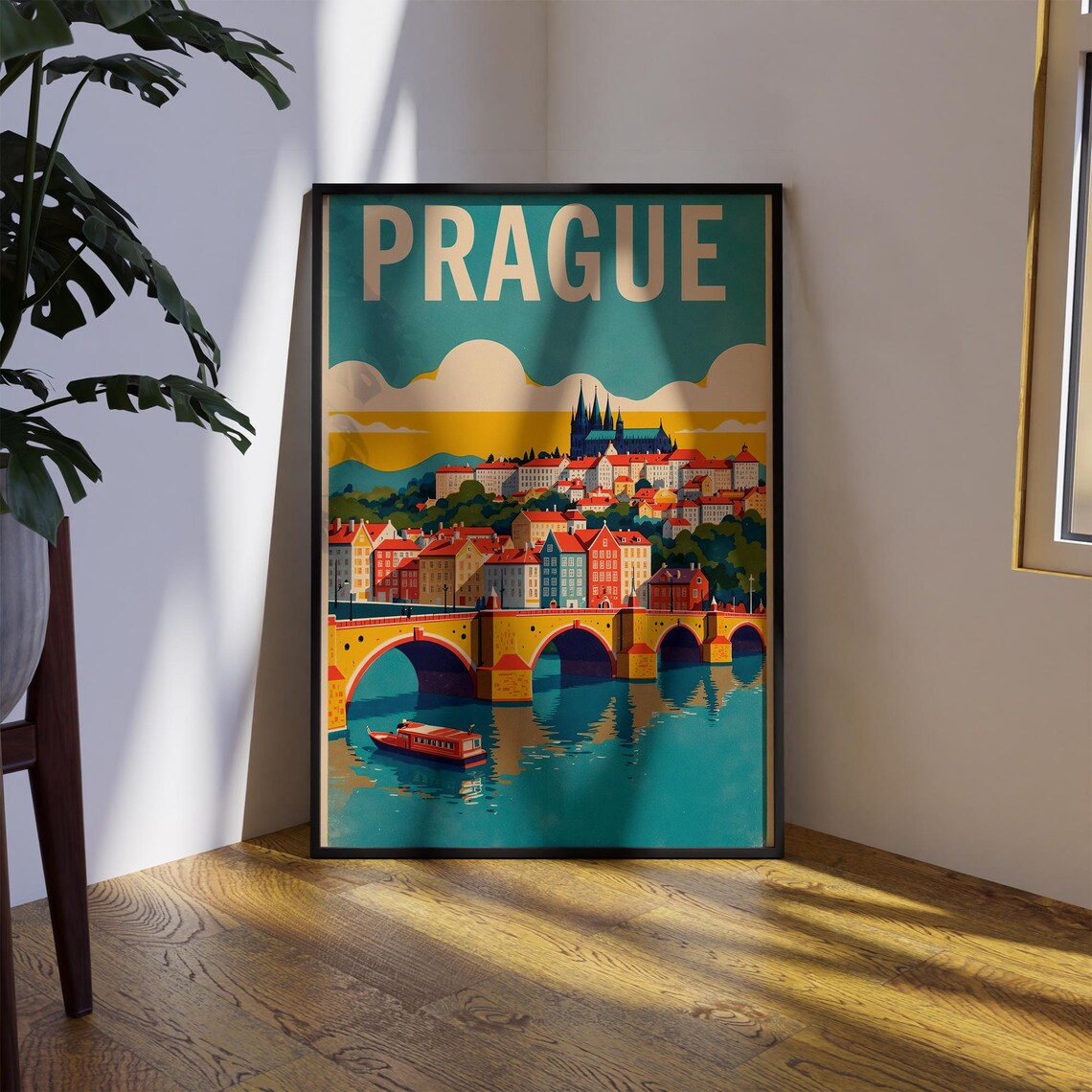 Prague Charles Bridge Retro Travel Poster Czech Republic Europe