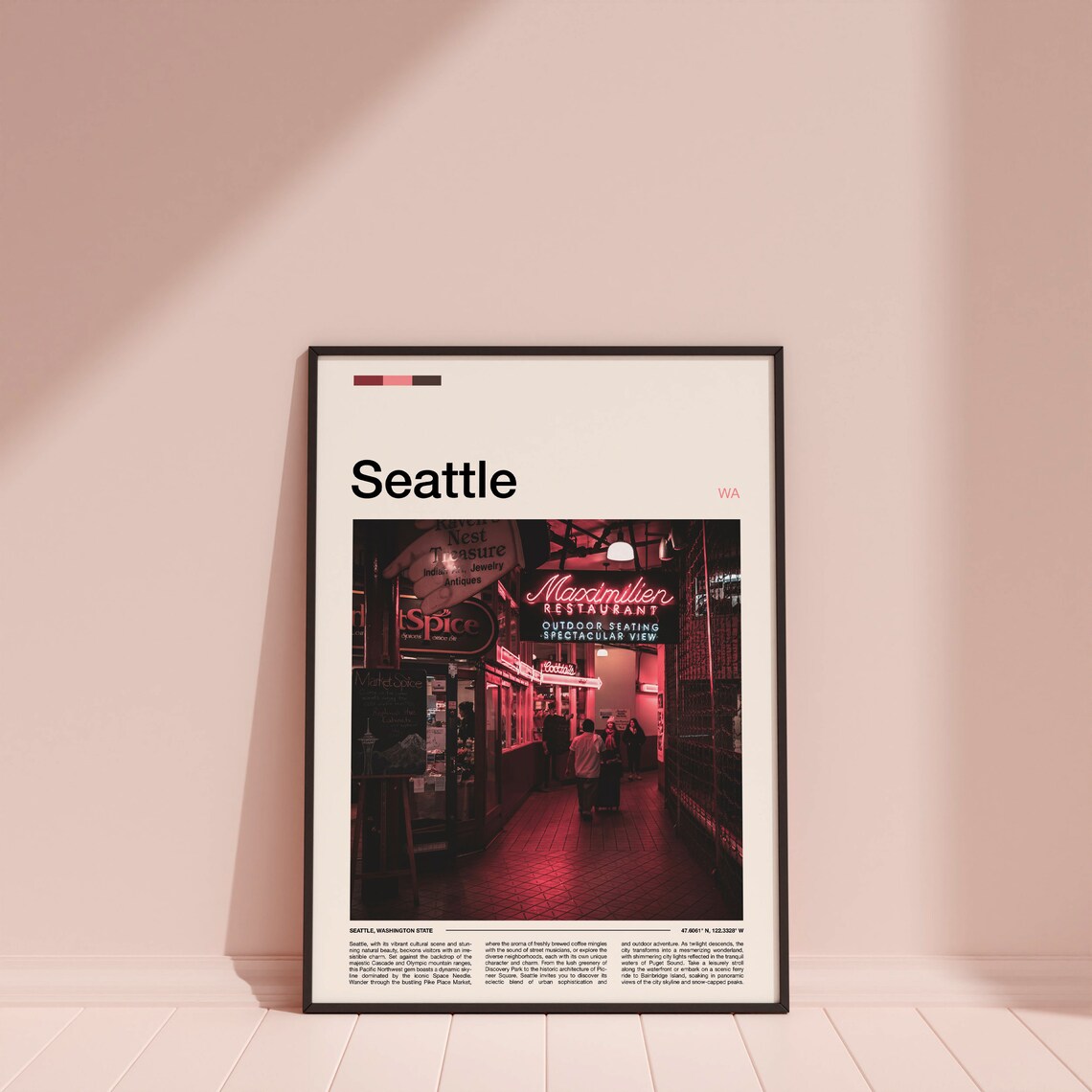 Seattle Pike Place Market Neon Night Street Scene Art Poster - Image 4