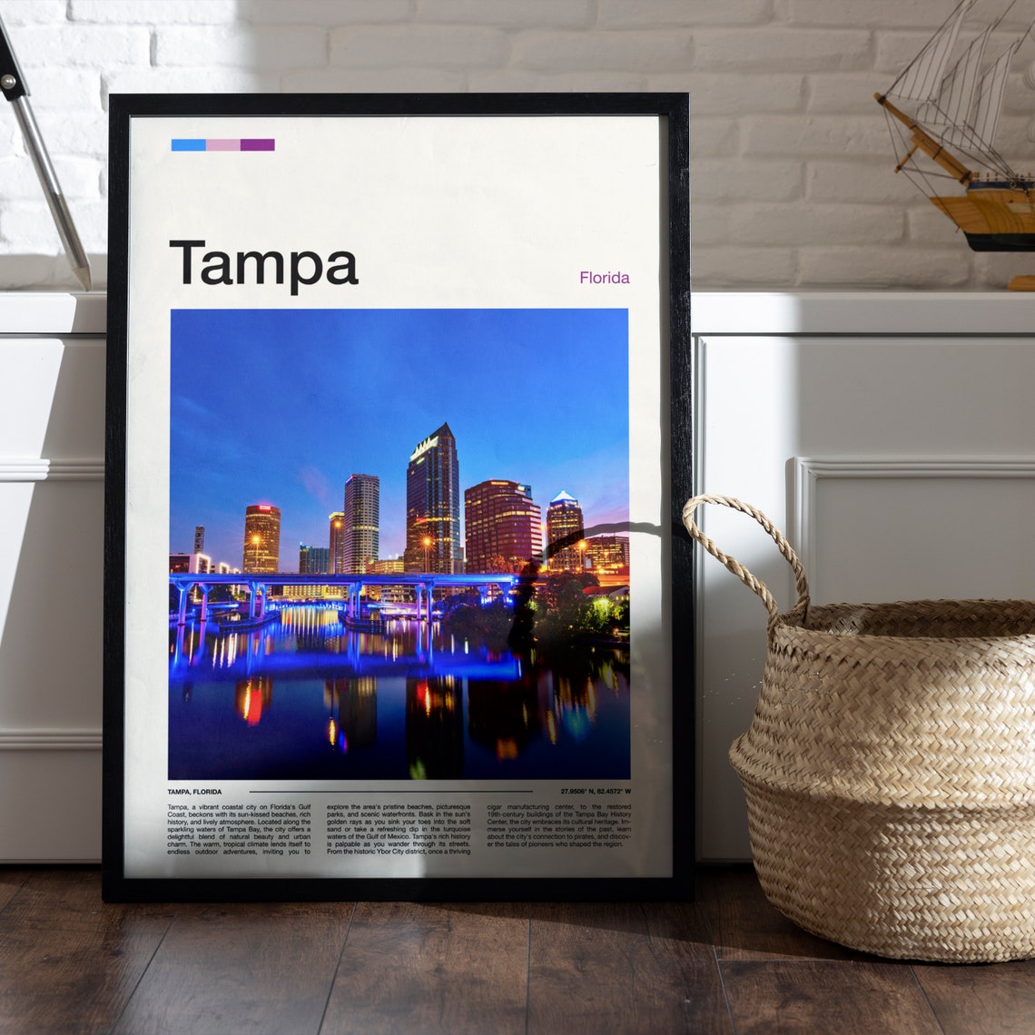 Tampa Florida Night Skyline Water Reflection City Travel Poster - Image 5
