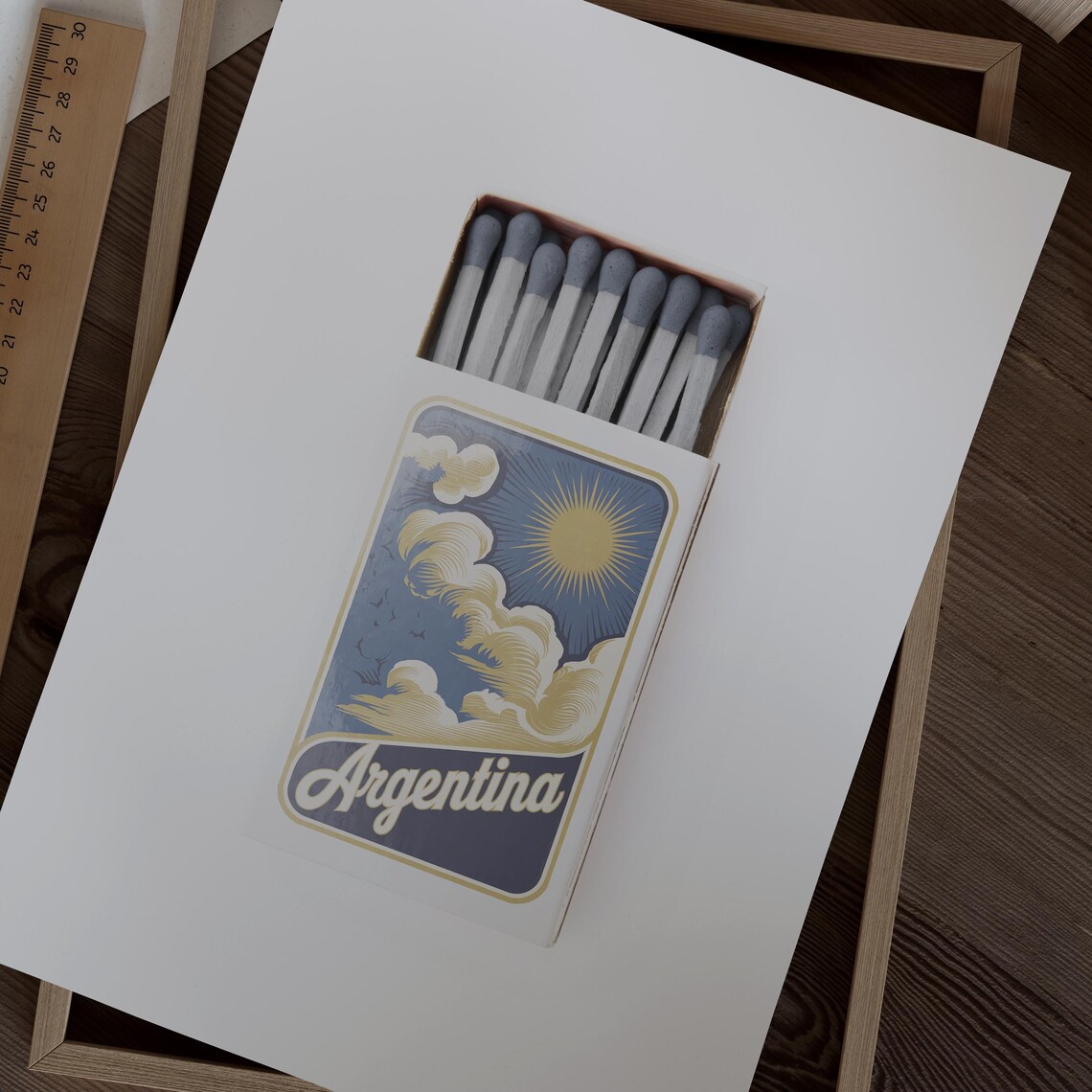 Argentina May Sun Matchbox Style Art with Golden Clouds Poster - Image 2