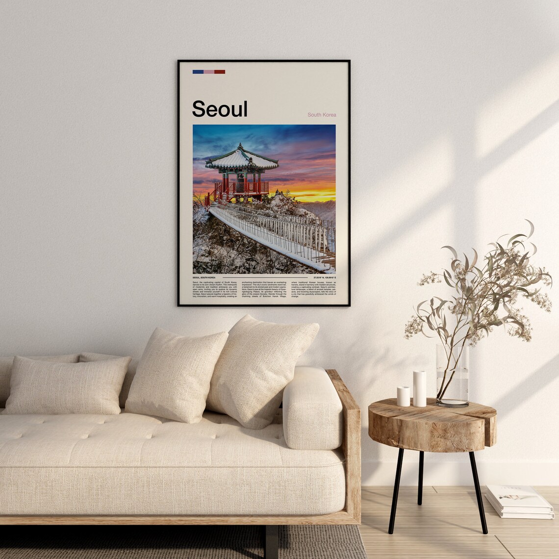 Seoul South Korea Winter Temple Pavilion Snowy Sunset Photo Poster - Image 3