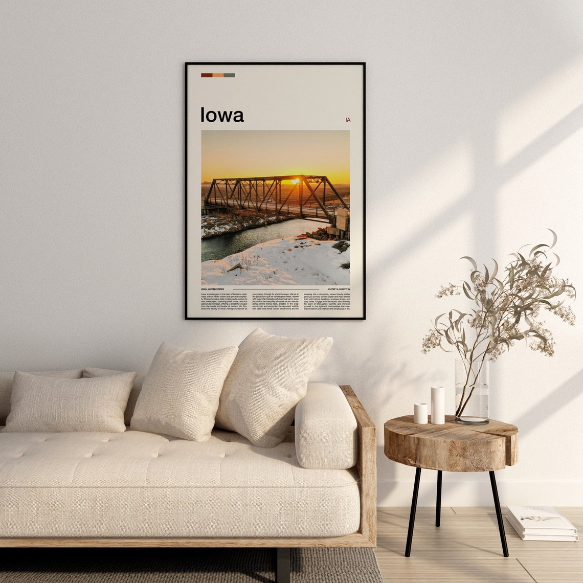 Iowa Rustic Steel Truss Bridge Sunset Snowy River Landscape Poster - Image 3