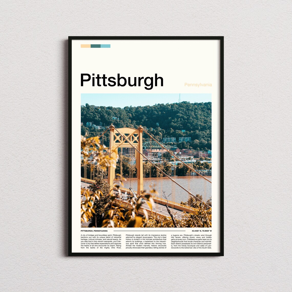 Pittsburgh Pennsylvania Yellow Bridge River Skyline City Photo Poster