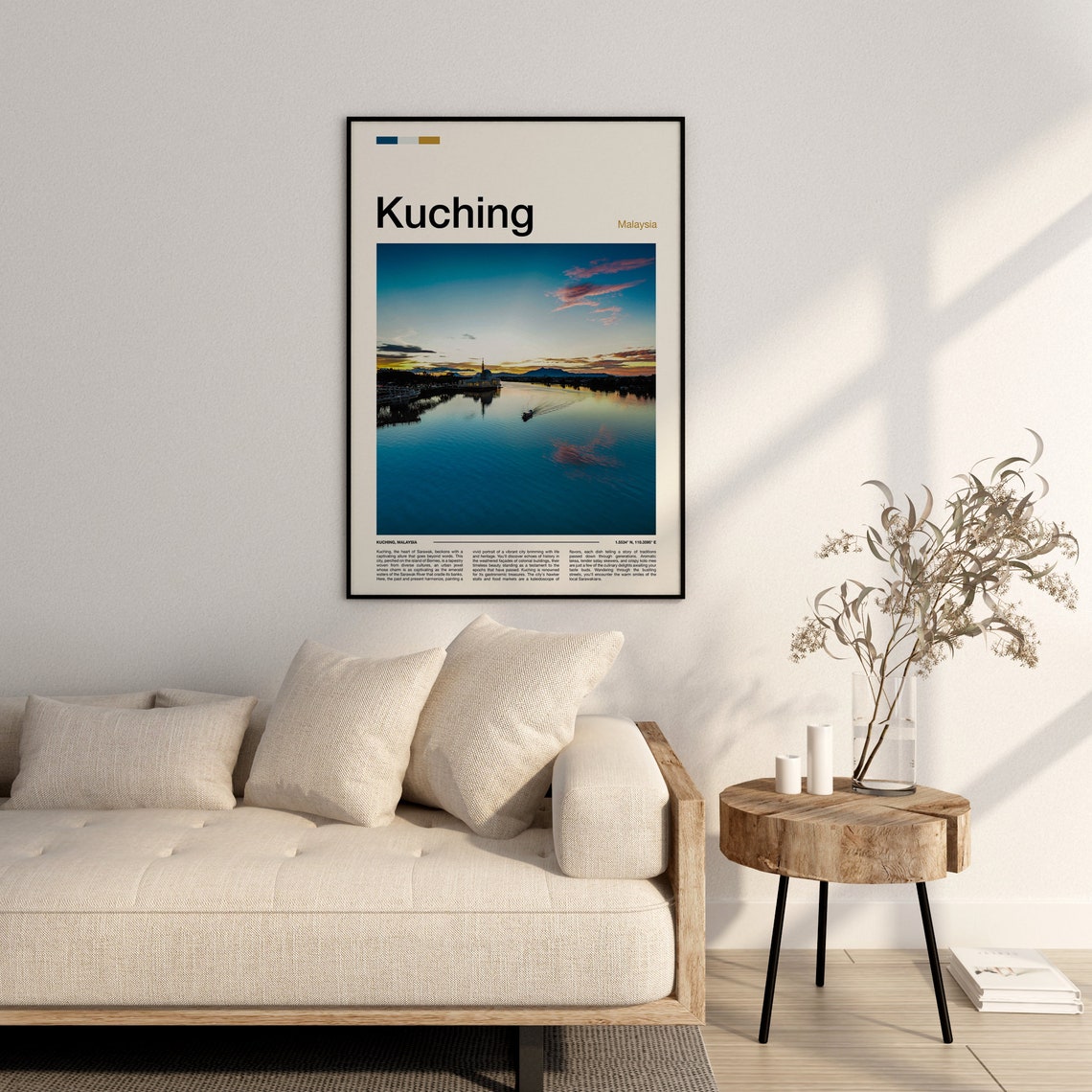 Kuching Malaysia Waterfront Dusk Boat River Reflection Poster - Image 3