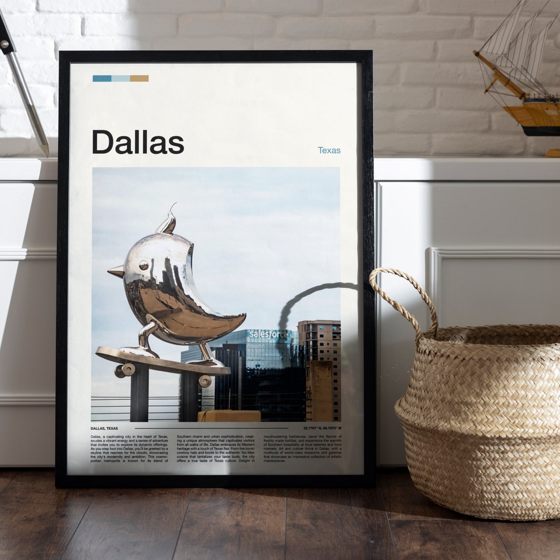 Dallas Texas Downtown Chrome Bird Sculpture Skyline Art Poster - Image 5
