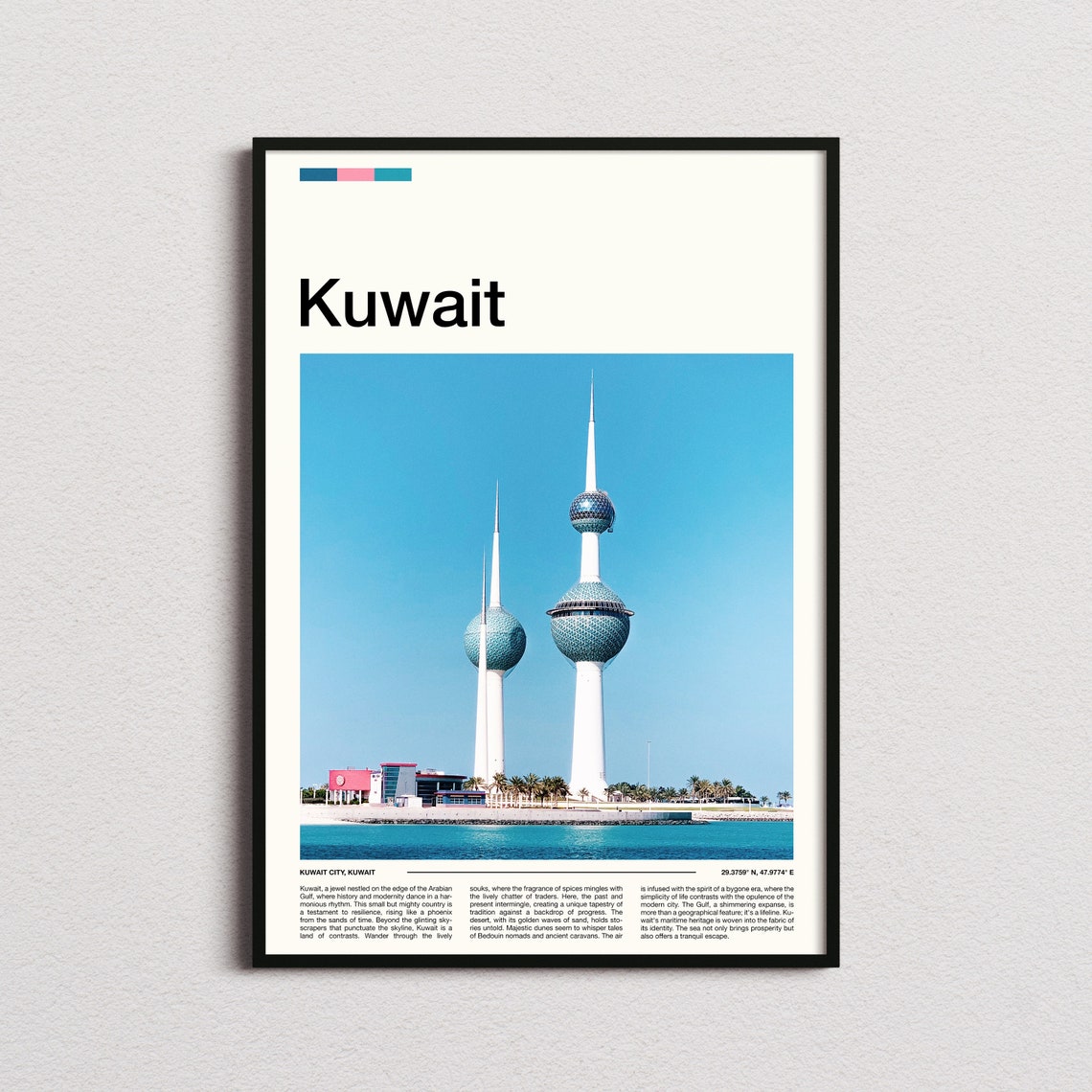 Kuwait City Kuwait Towers Waterfront View Minimal Travel Poster