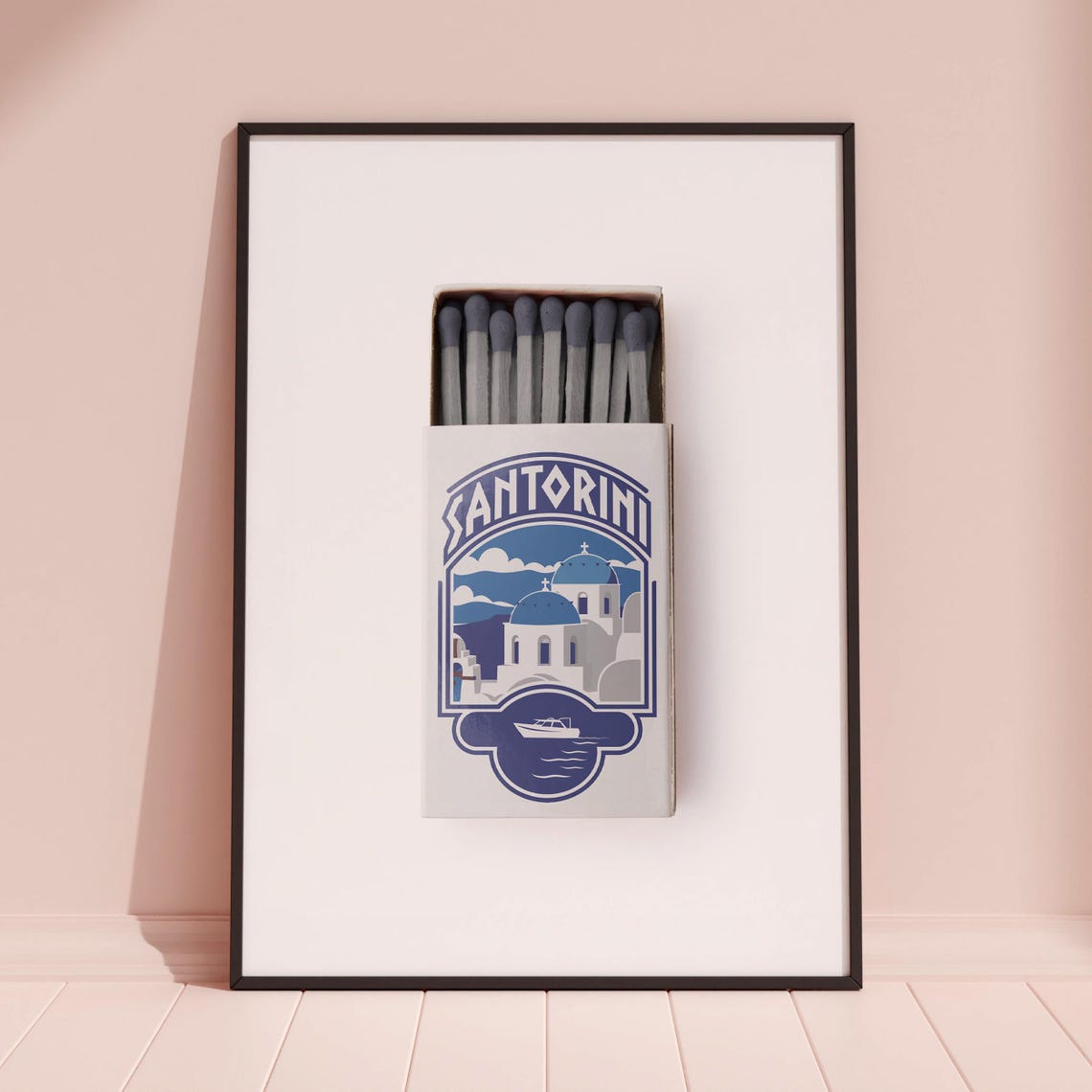 Santorini Greece Vintage Matchbox Blue Domes Art Travel Poster - Image 3